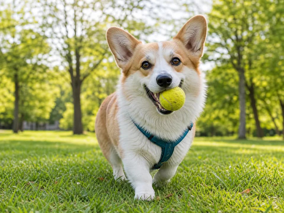 Sinistes rakmetes corgi jookseb pargis kollane tennisepall suus